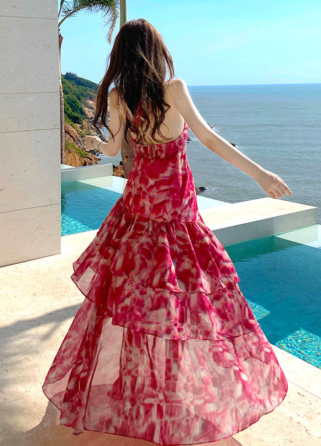 Pink Abstract Crossover Halter Tiered Maxi Dress