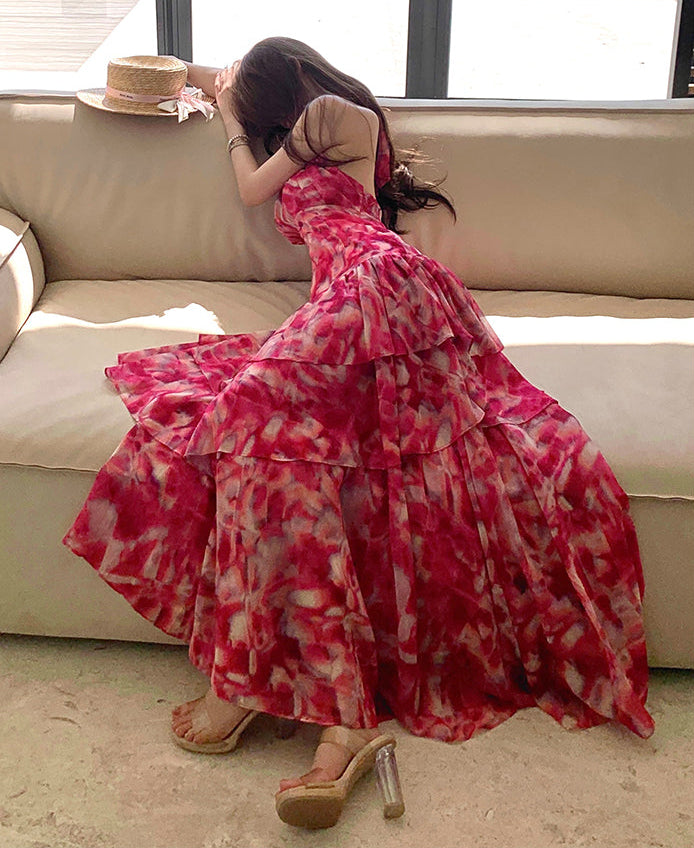 Pink Abstract Crossover Halter Tiered Maxi Dress