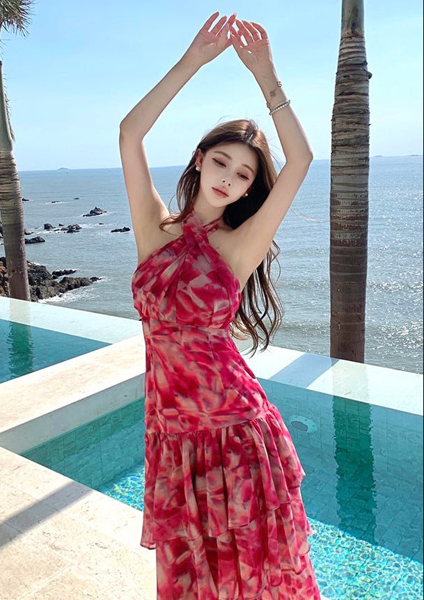Pink Abstract Crossover Halter Tiered Maxi Dress