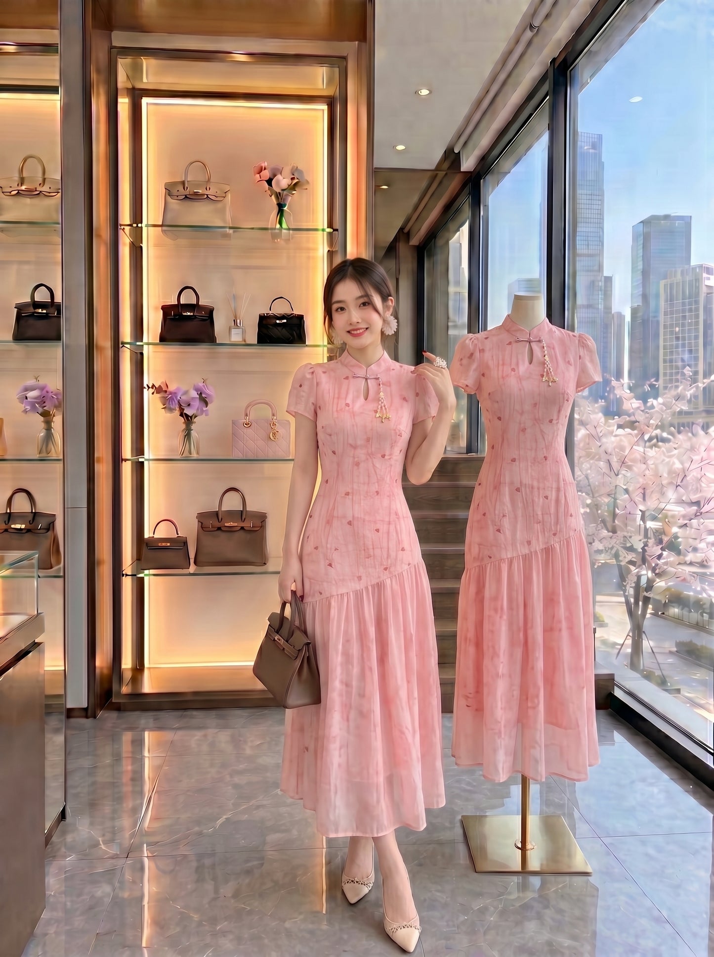 Pink Blossom Asymmetric Cheongsam Midi Dress