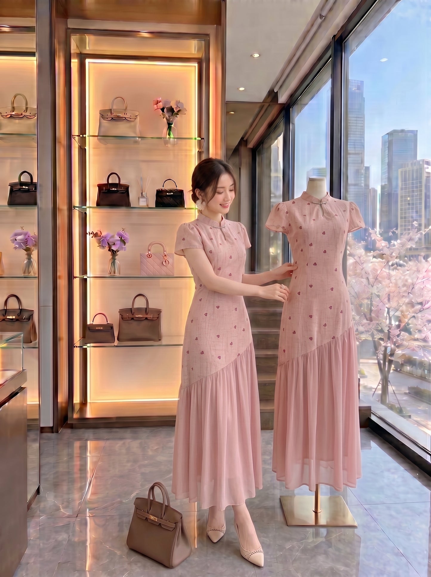 Pink Blossom Asymmetric Cheongsam Midi Dress