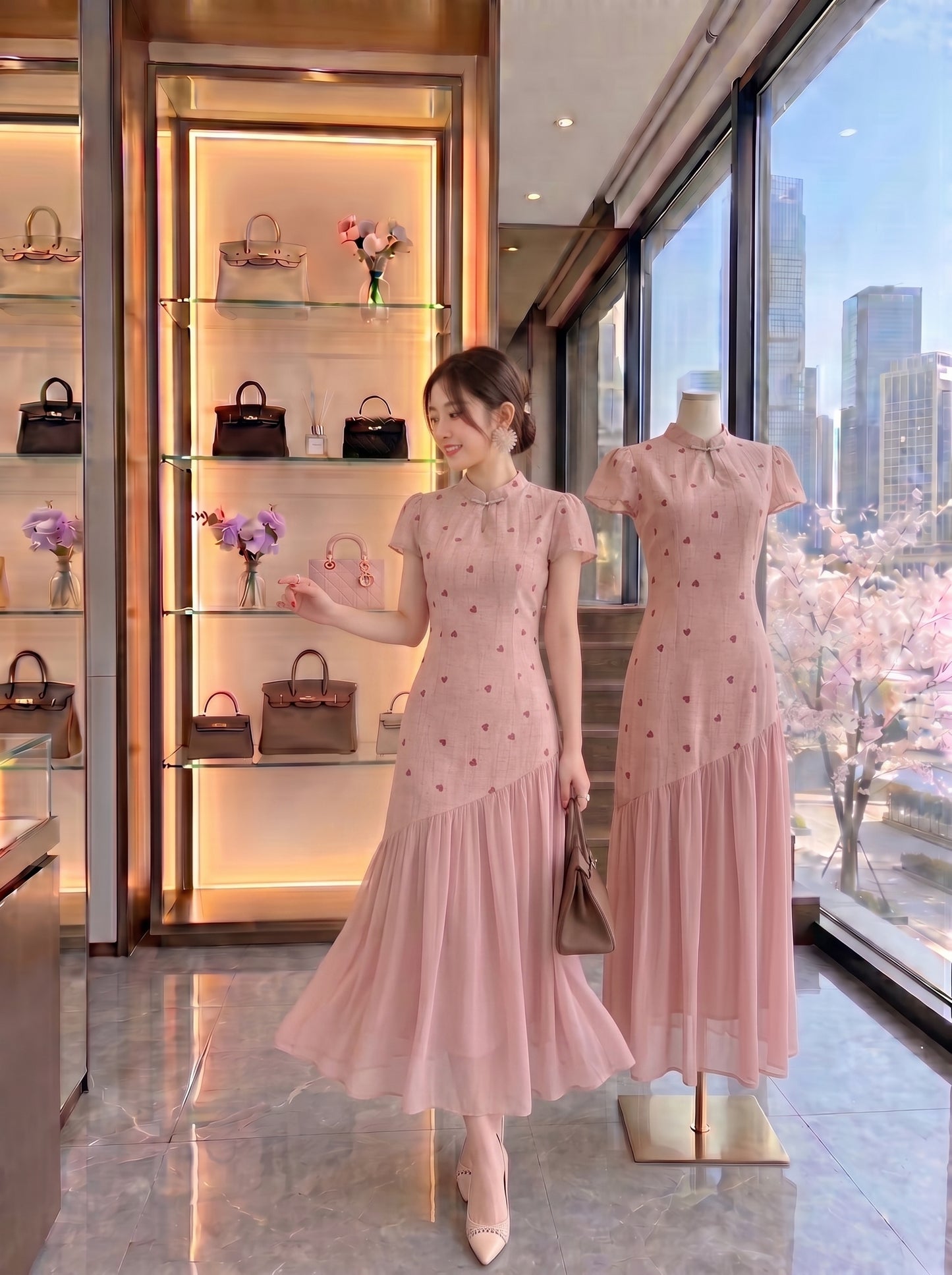 Pink Blossom Asymmetric Cheongsam Midi Dress