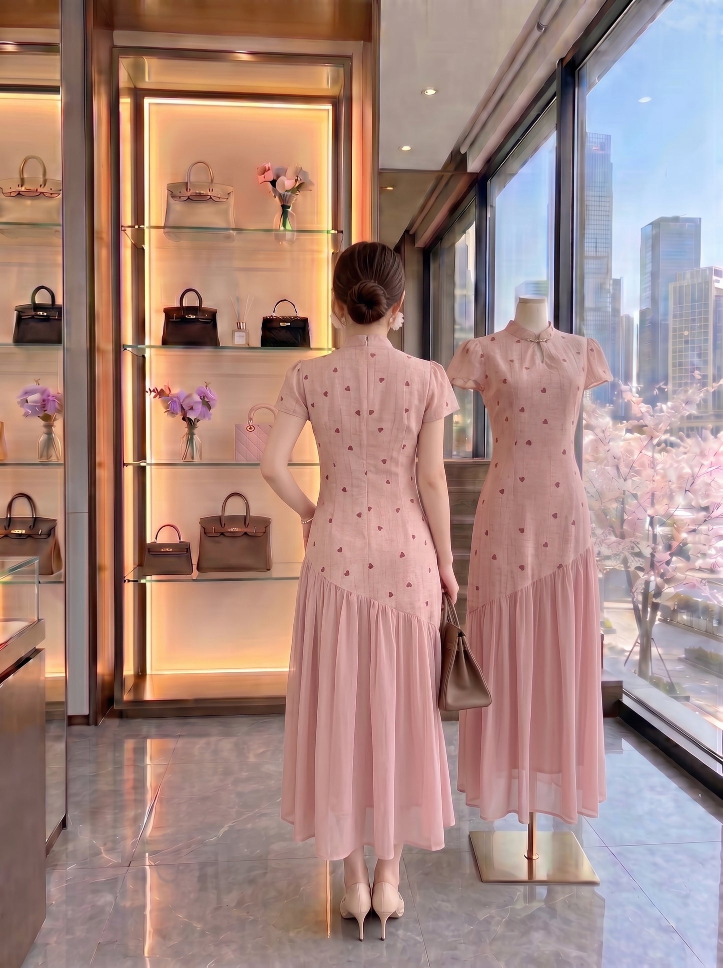 Pink Blossom Asymmetric Cheongsam Midi Dress