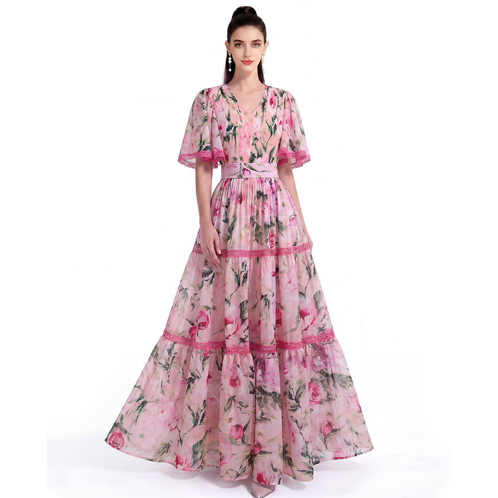 Pink Botanical Lace-Trim Tiered Maxi Dress