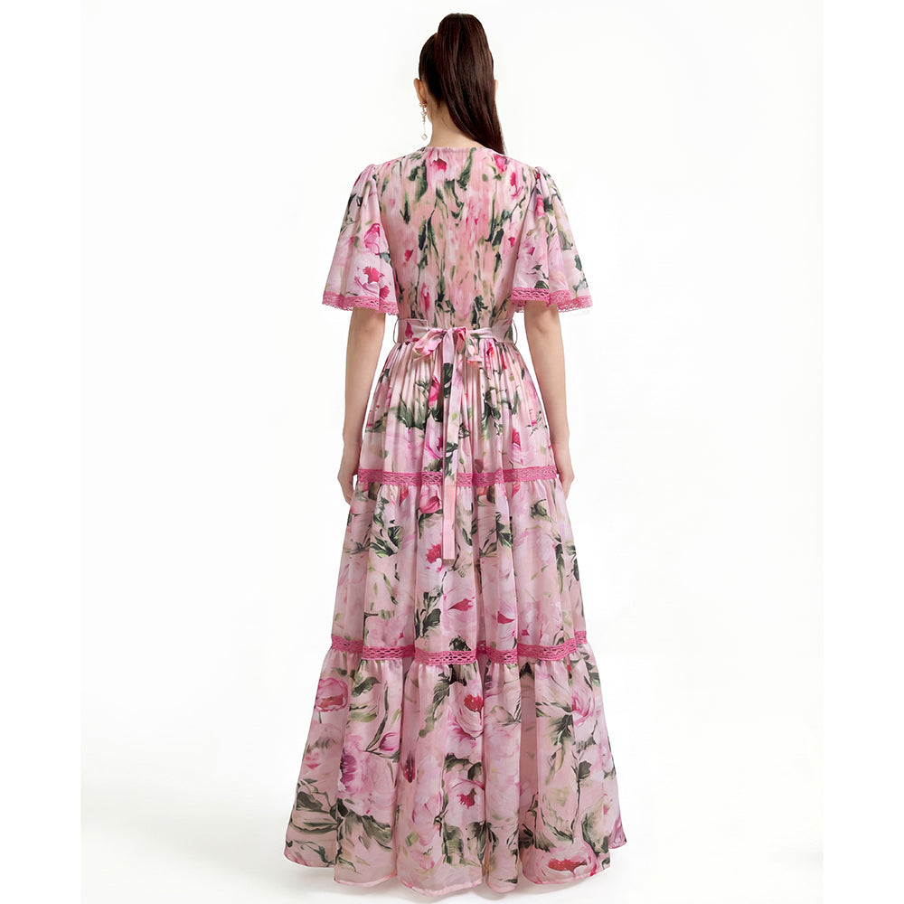Pink Botanical Lace-Trim Tiered Maxi Dress