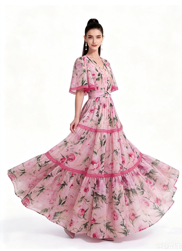 Pink Botanical Lace-Trim Tiered Maxi Dress