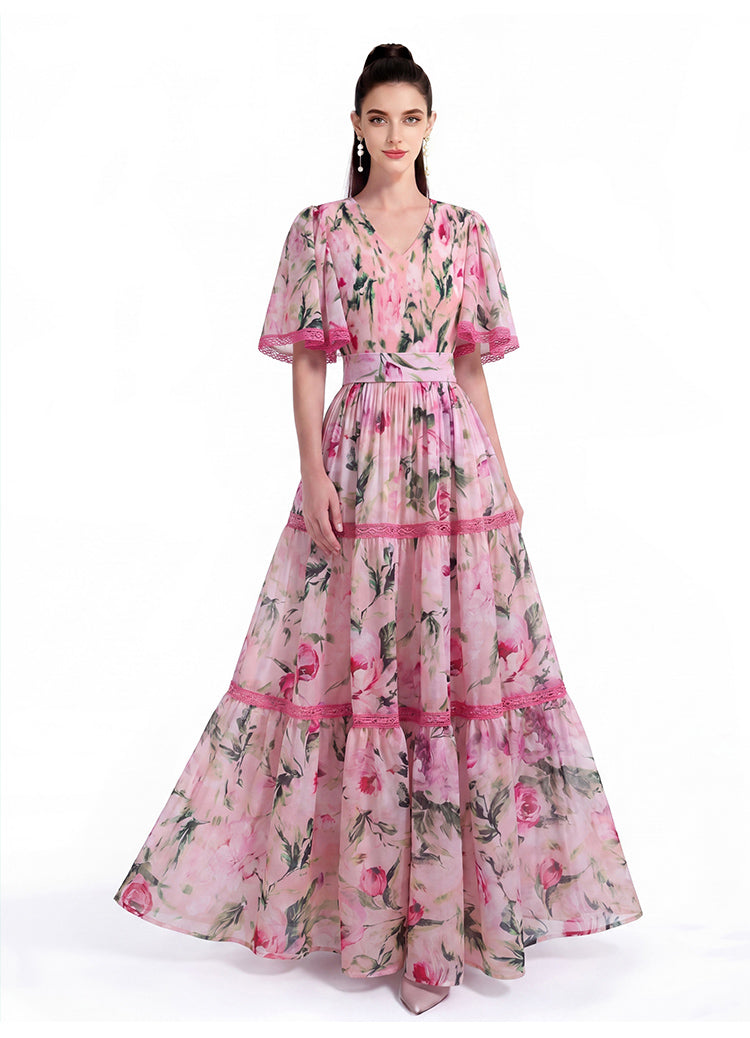Pink Botanical Lace-Trim Tiered Maxi Dress