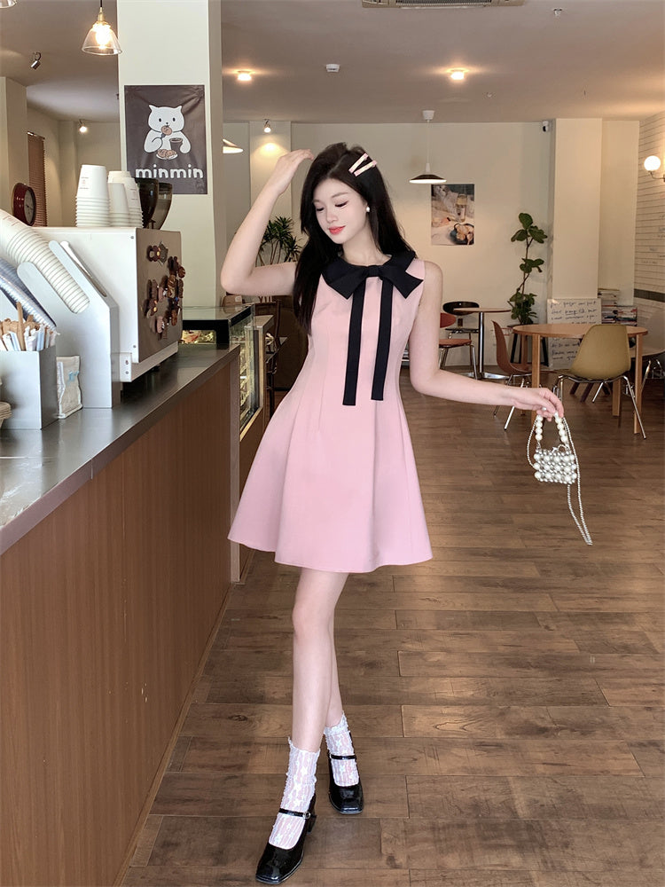 Rose Pink Bow-Accent A-Line Mini Dress