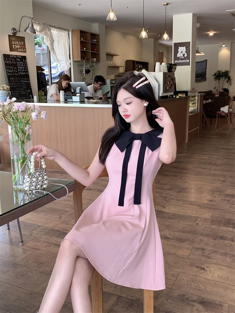 Rose Pink Bow-Accent A-Line Mini Dress