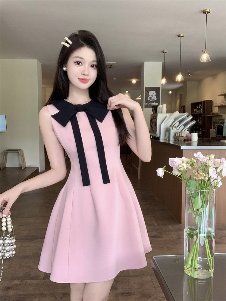 Rose Pink Bow-Accent A-Line Mini Dress