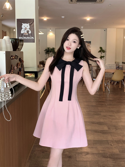 Rose Pink Bow-Accent A-Line Mini Dress