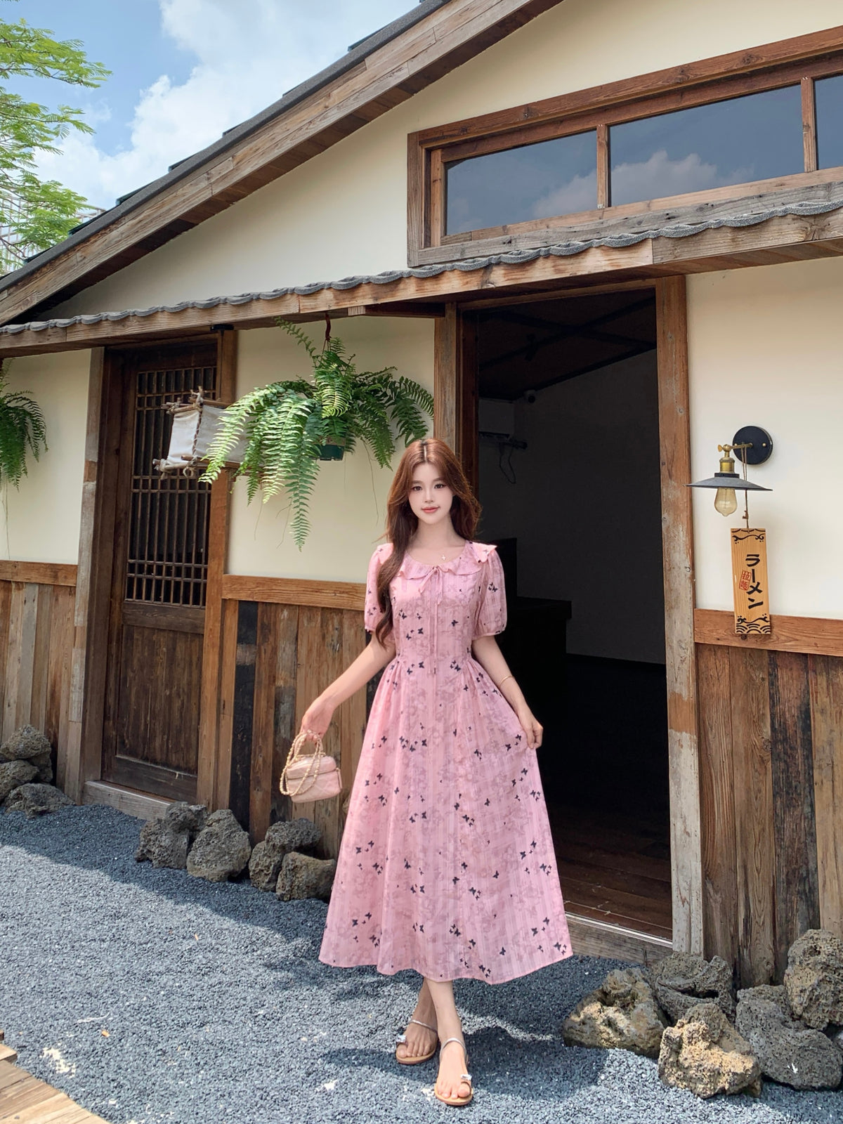 Pink Butterfly Floral Print Ruffle Collar Midi Dress