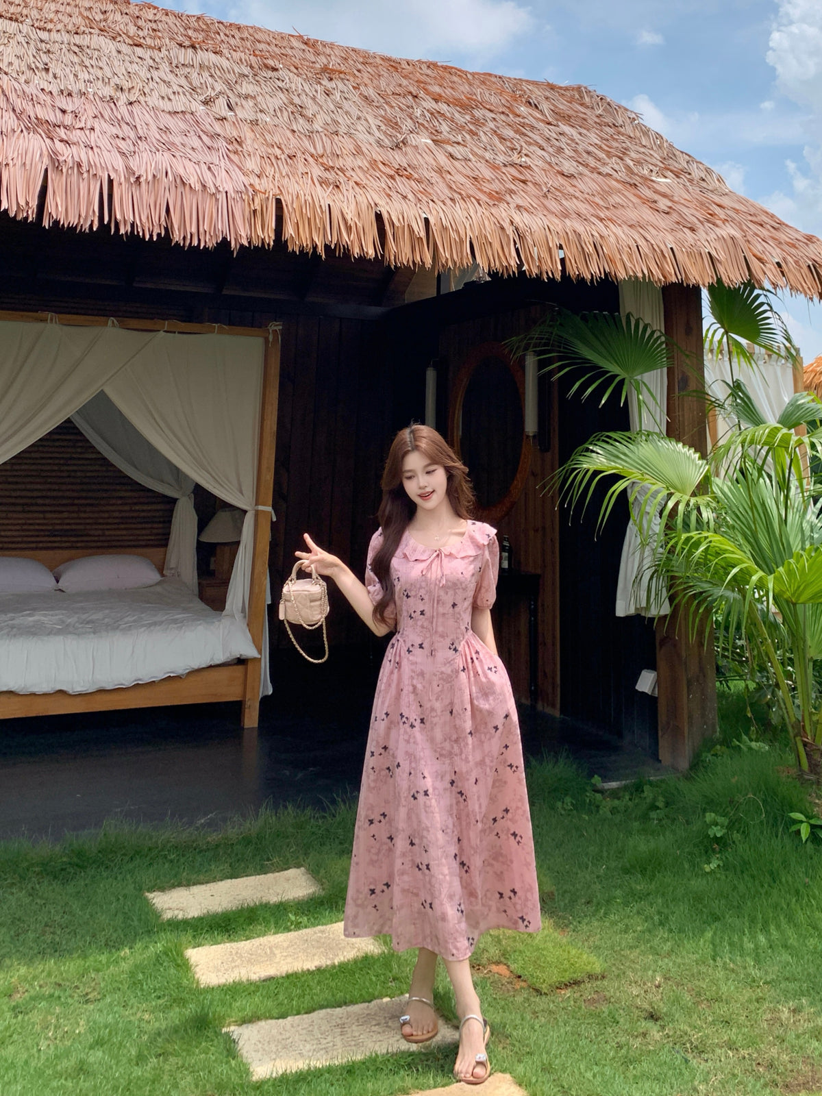 Pink Butterfly Floral Print Ruffle Collar Midi Dress