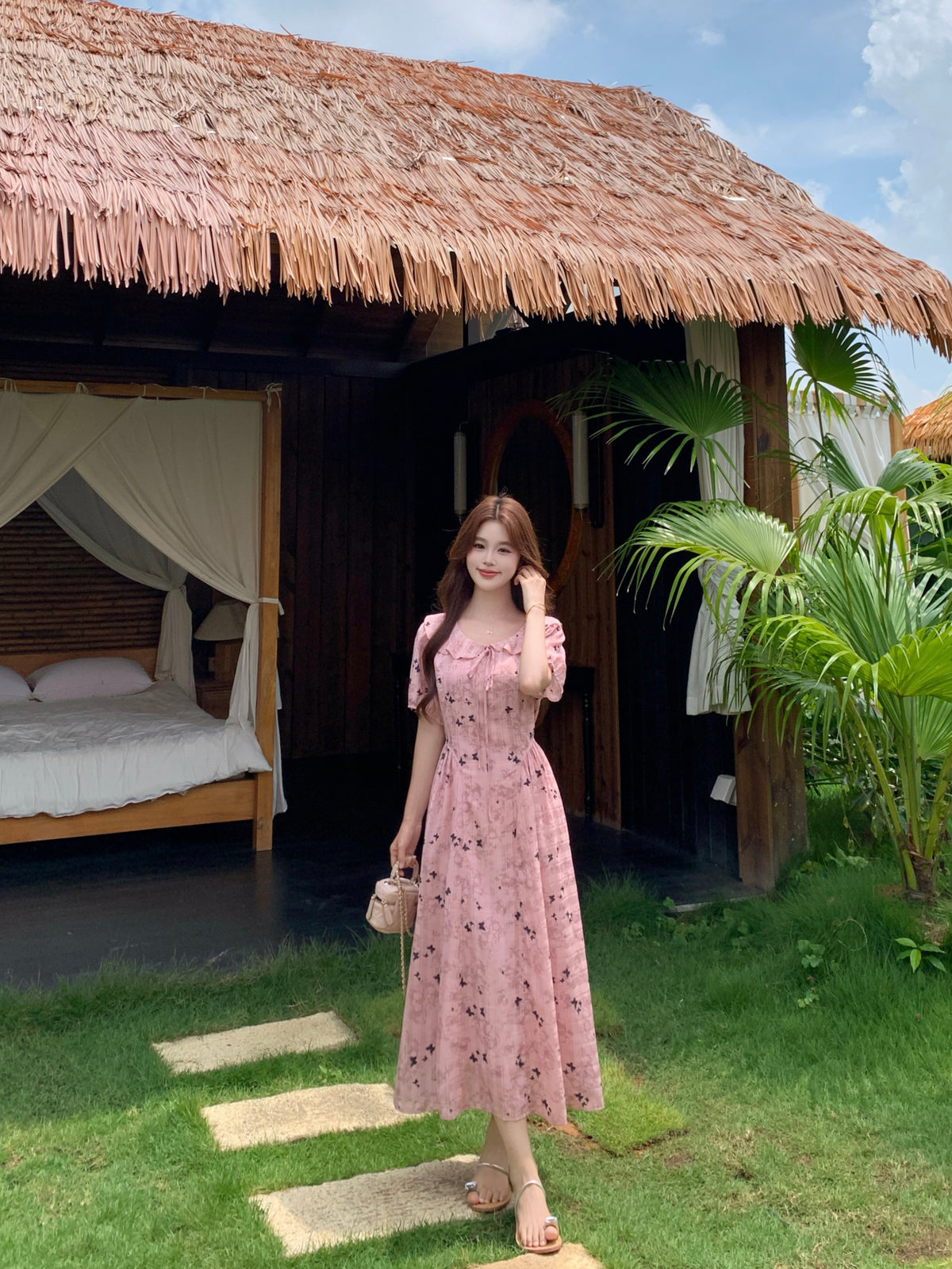 Pink Butterfly Floral Print Ruffle Collar Midi Dress