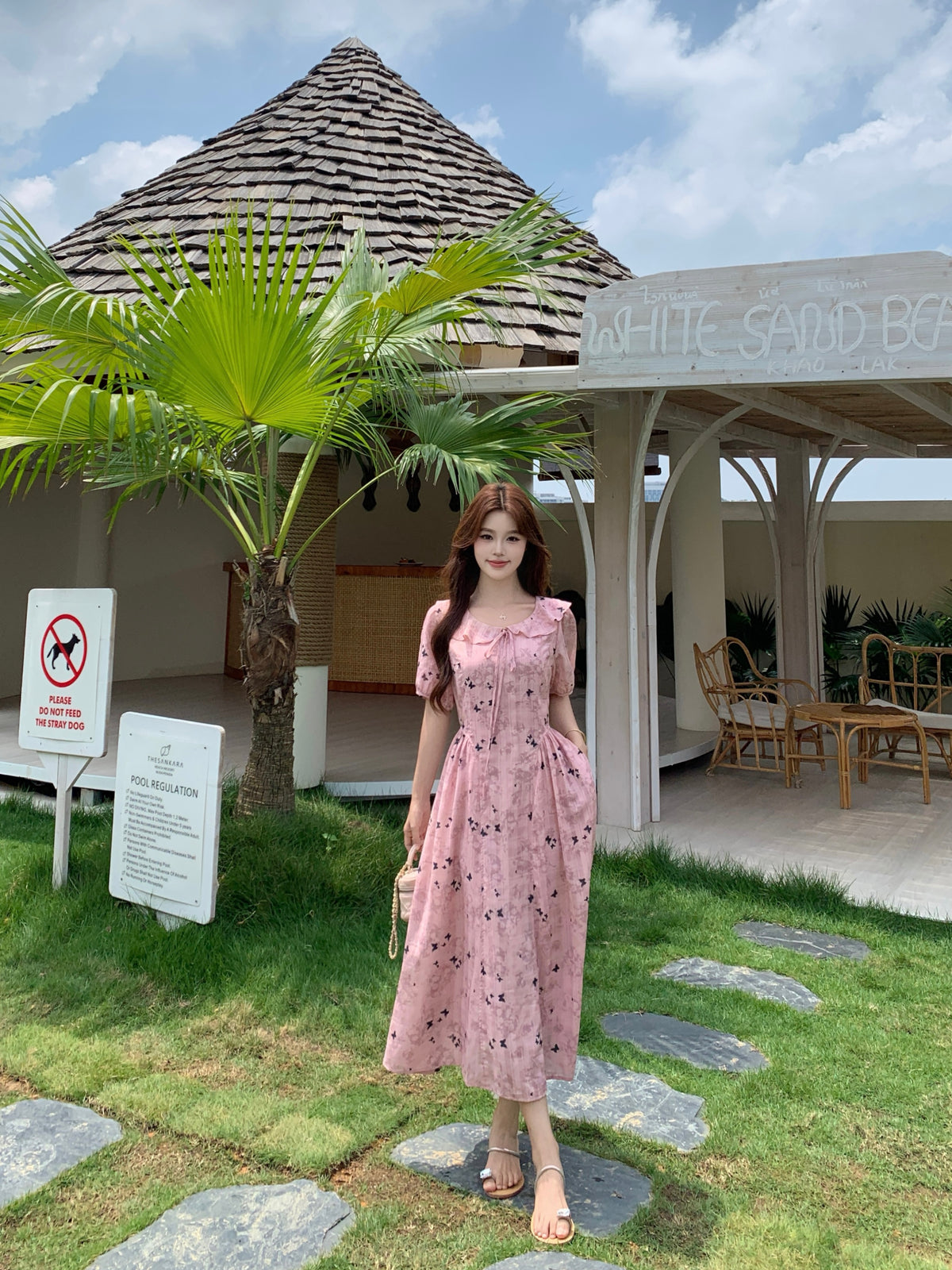 Pink Butterfly Floral Print Ruffle Collar Midi Dress