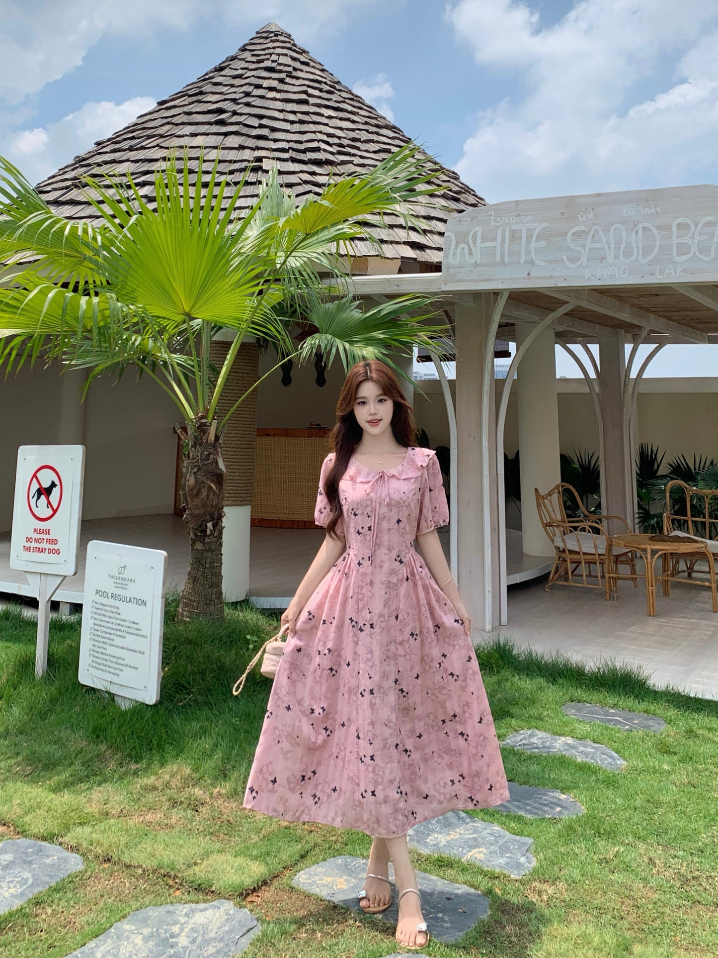 Pink Butterfly Floral Print Ruffle Collar Midi Dress