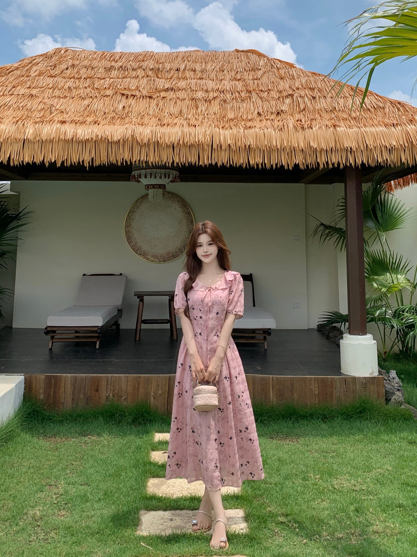 Pink Butterfly Floral Print Ruffle Collar Midi Dress