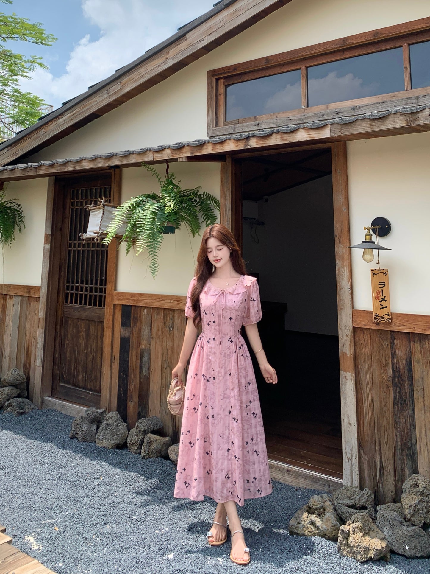Pink Butterfly Floral Print Ruffle Collar Midi Dress