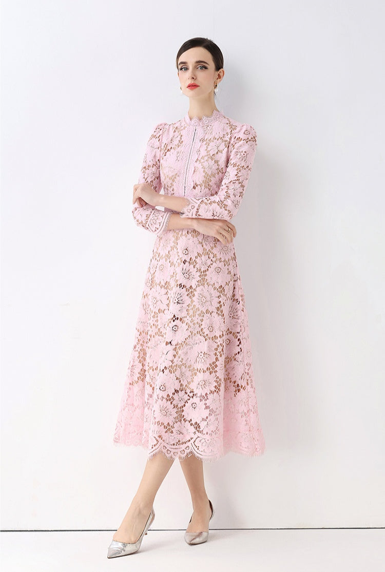 Pink Elegant Round Neck Hollowed-out Lace Dress