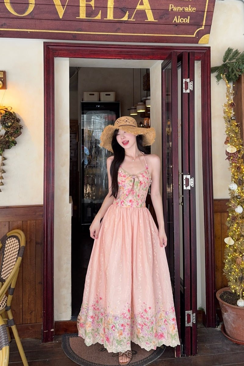 Pastle Floral Halter Corset-Style Maxi Dress