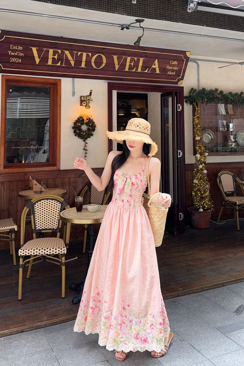 Pastle Floral Halter Corset-Style Maxi Dress