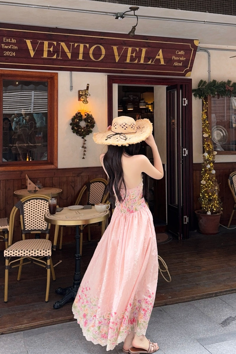 Pastle Floral Halter Corset-Style Maxi Dress