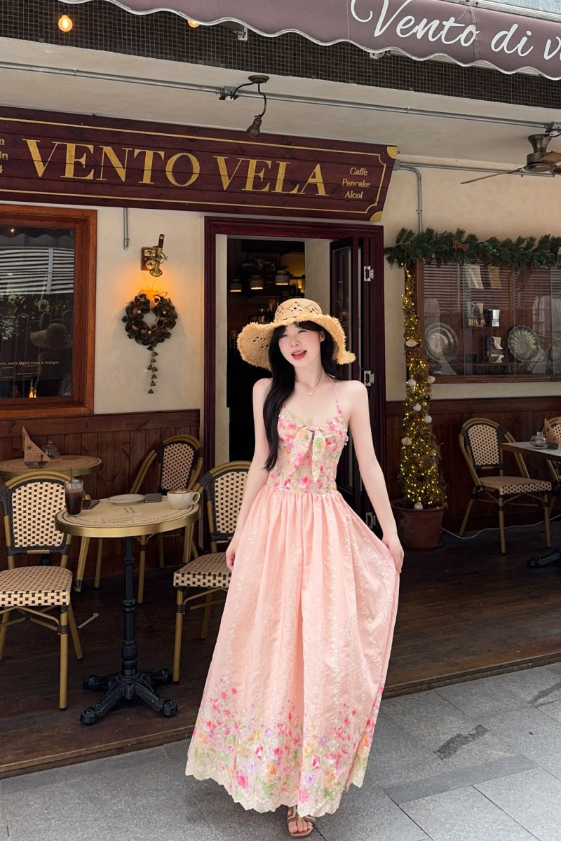 Pastle Floral Halter Corset-Style Maxi Dress