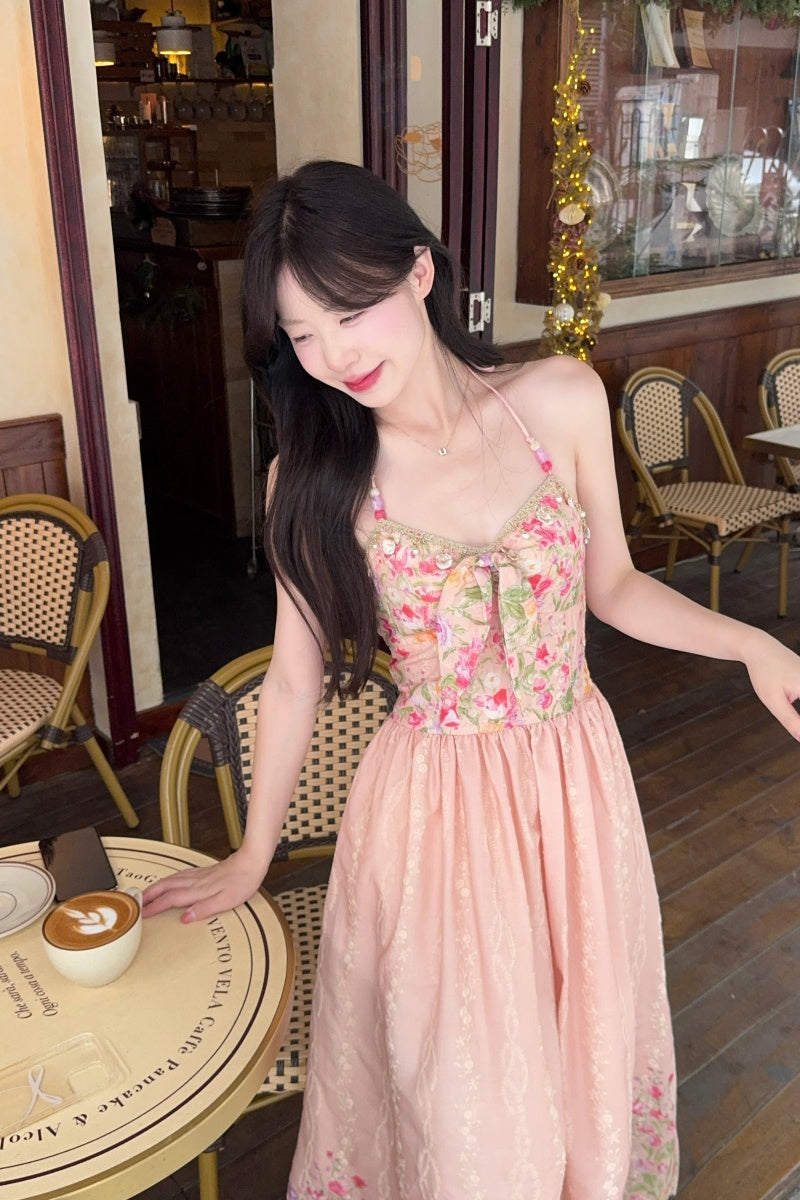 Pastle Floral Halter Corset-Style Maxi Dress