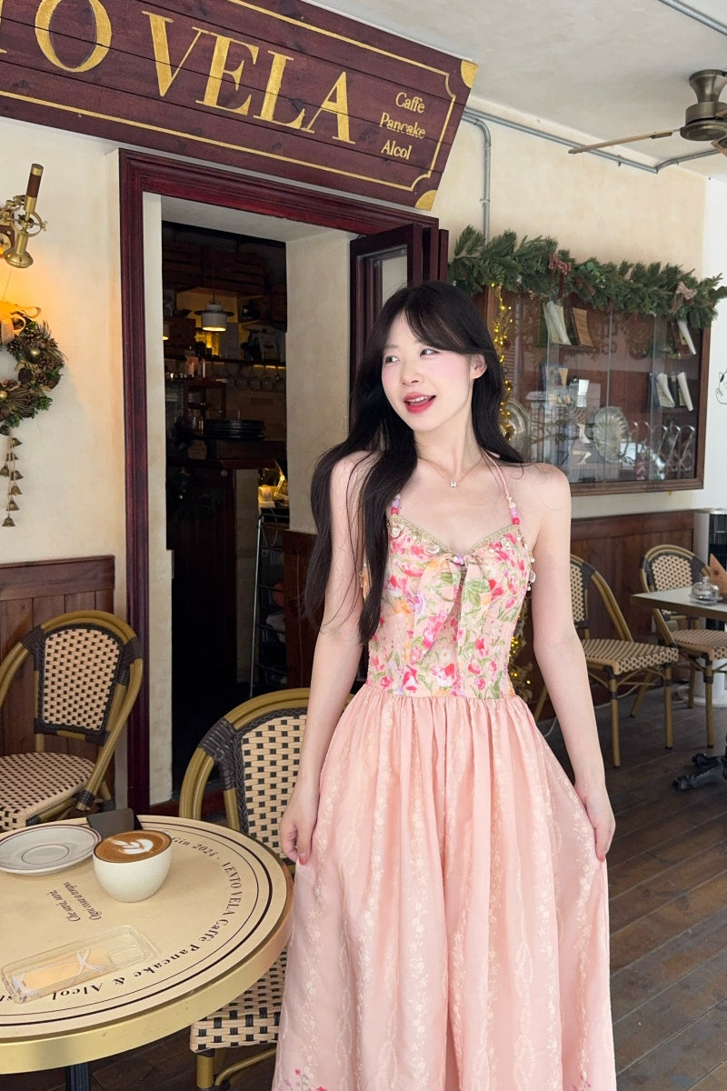Pastle Floral Halter Corset-Style Maxi Dress