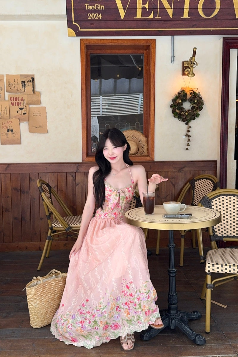 Pastle Floral Halter Corset-Style Maxi Dress