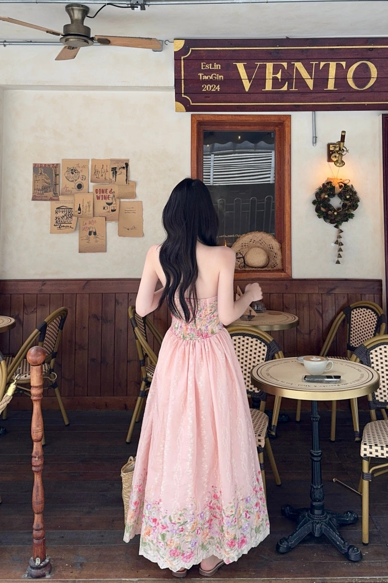 Pastle Floral Halter Corset-Style Maxi Dress