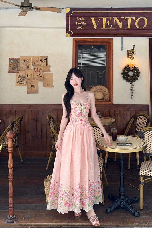 Pastle Floral Halter Corset-Style Maxi Dress