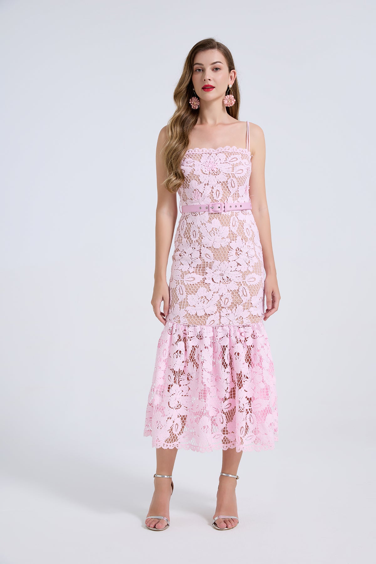 Pink Floral Lace Belted Midi Dress