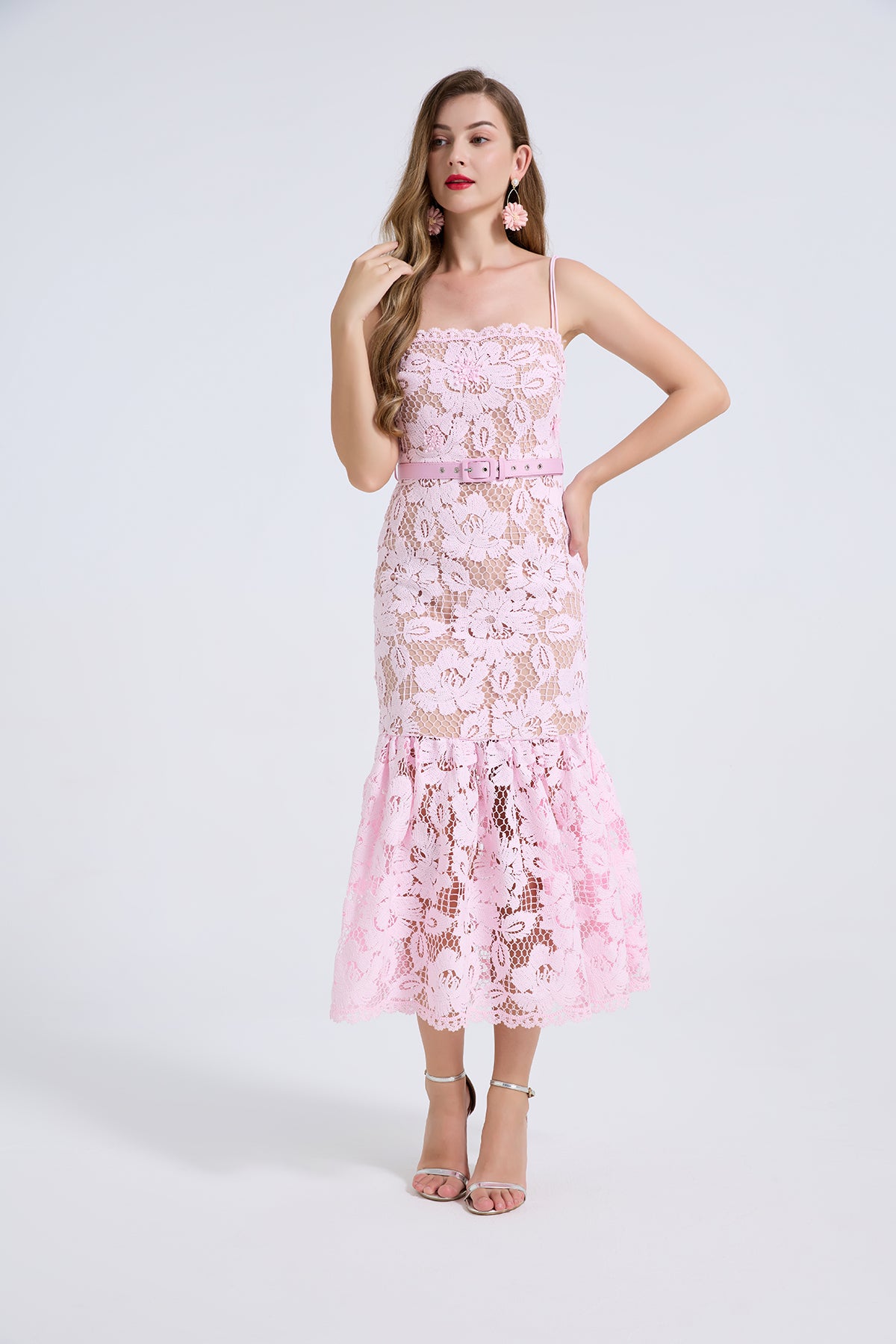 Pink Floral Lace Belted Midi Dress