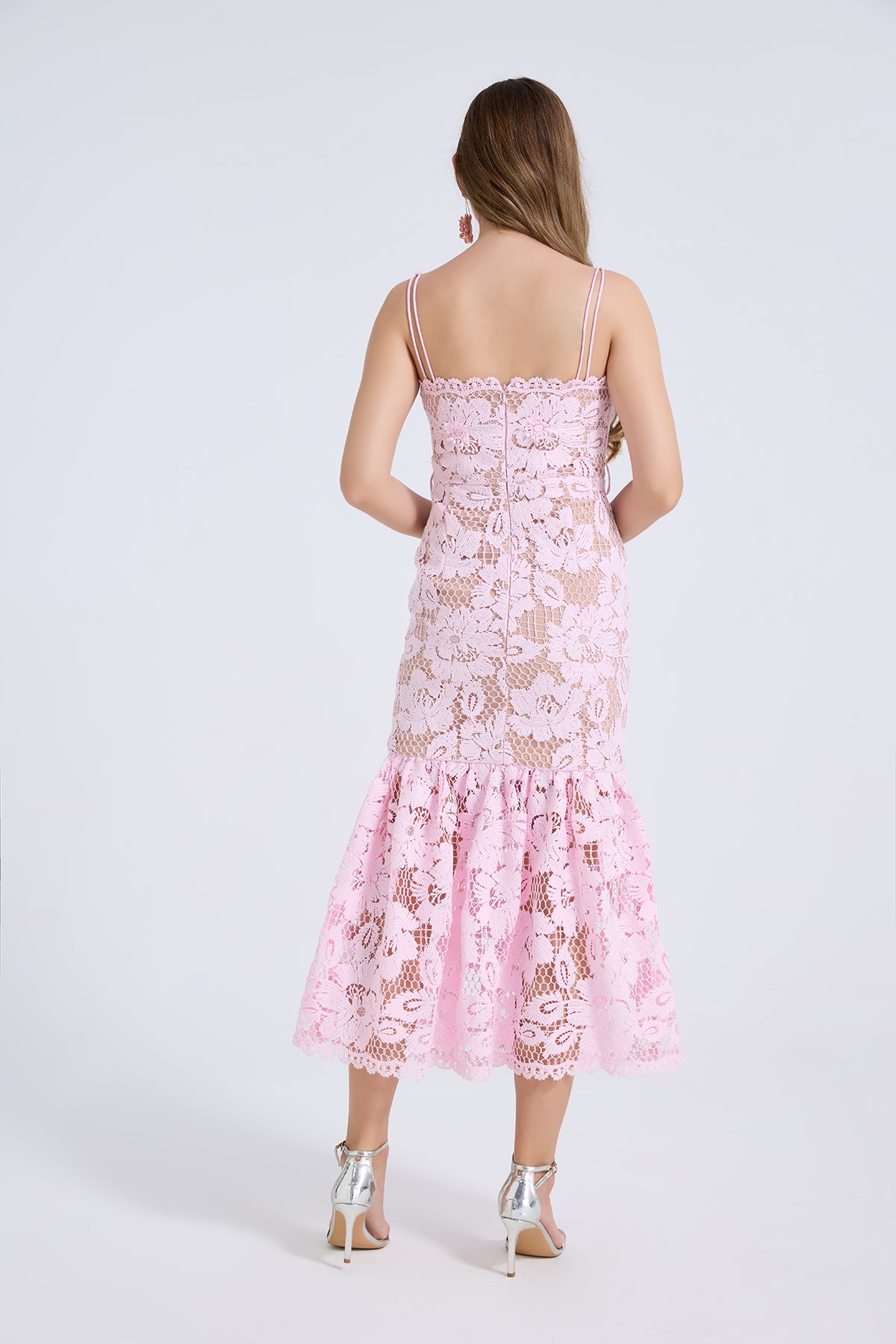 Pink Floral Lace Belted Midi Dress
