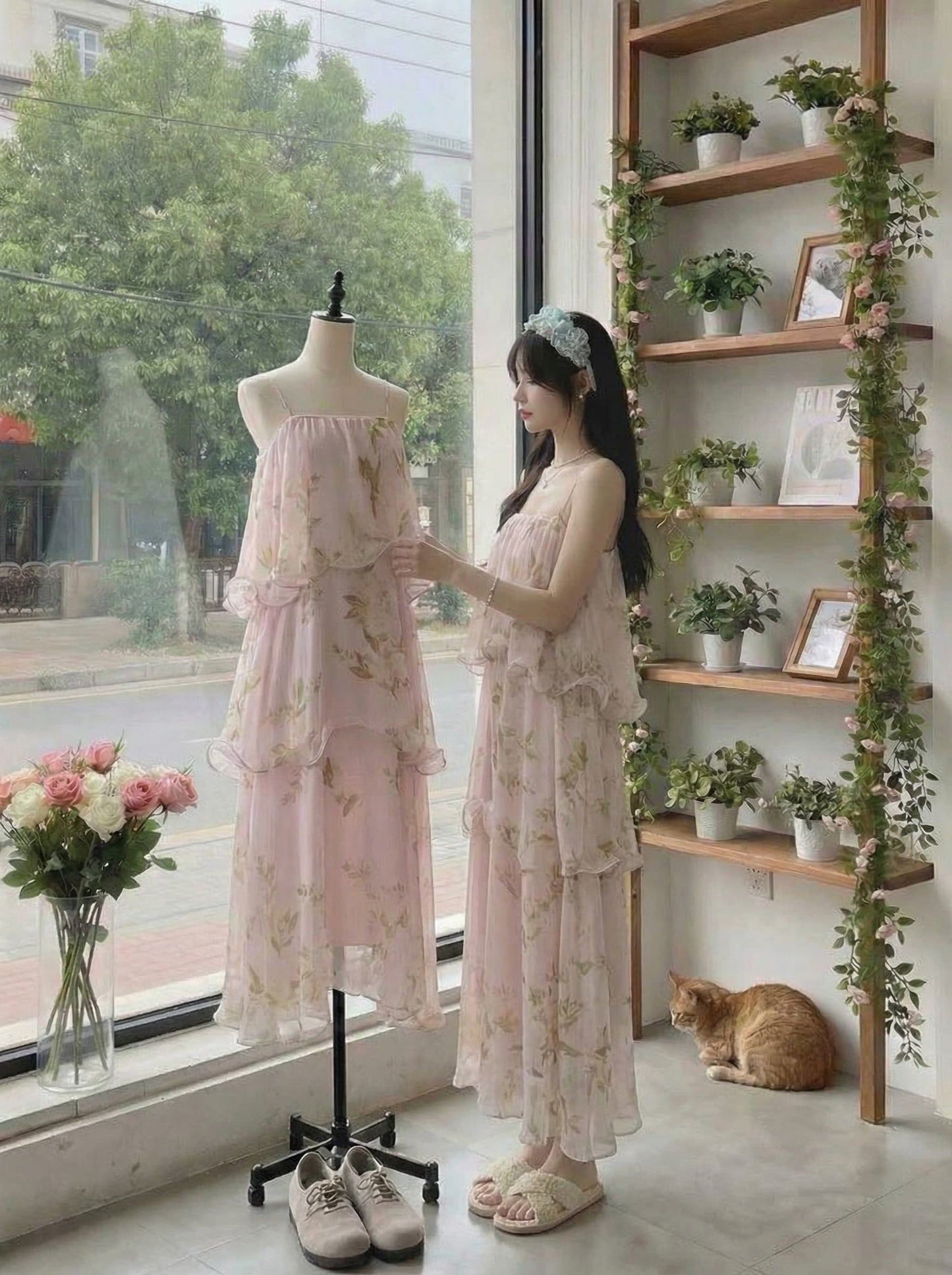 Pink Vintage Floral Spaghetti Strap Tiered Dress