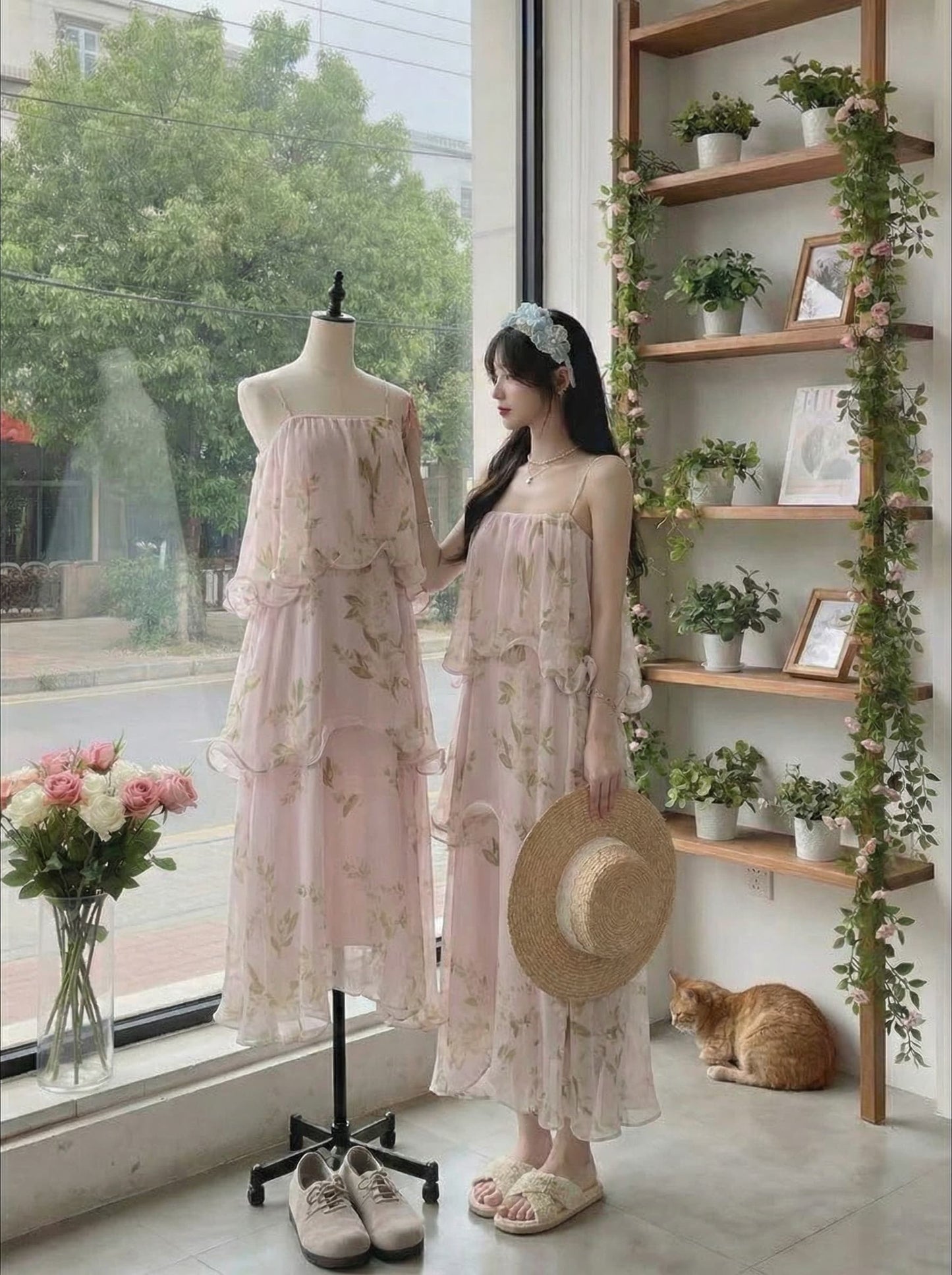 Pink Vintage Floral Spaghetti Strap Tiered Dress