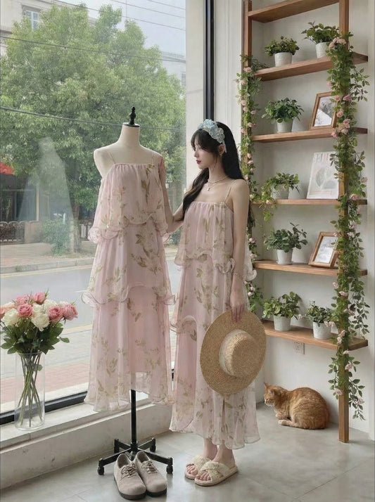 Pink Vintage Floral Spaghetti Strap Tiered Dress