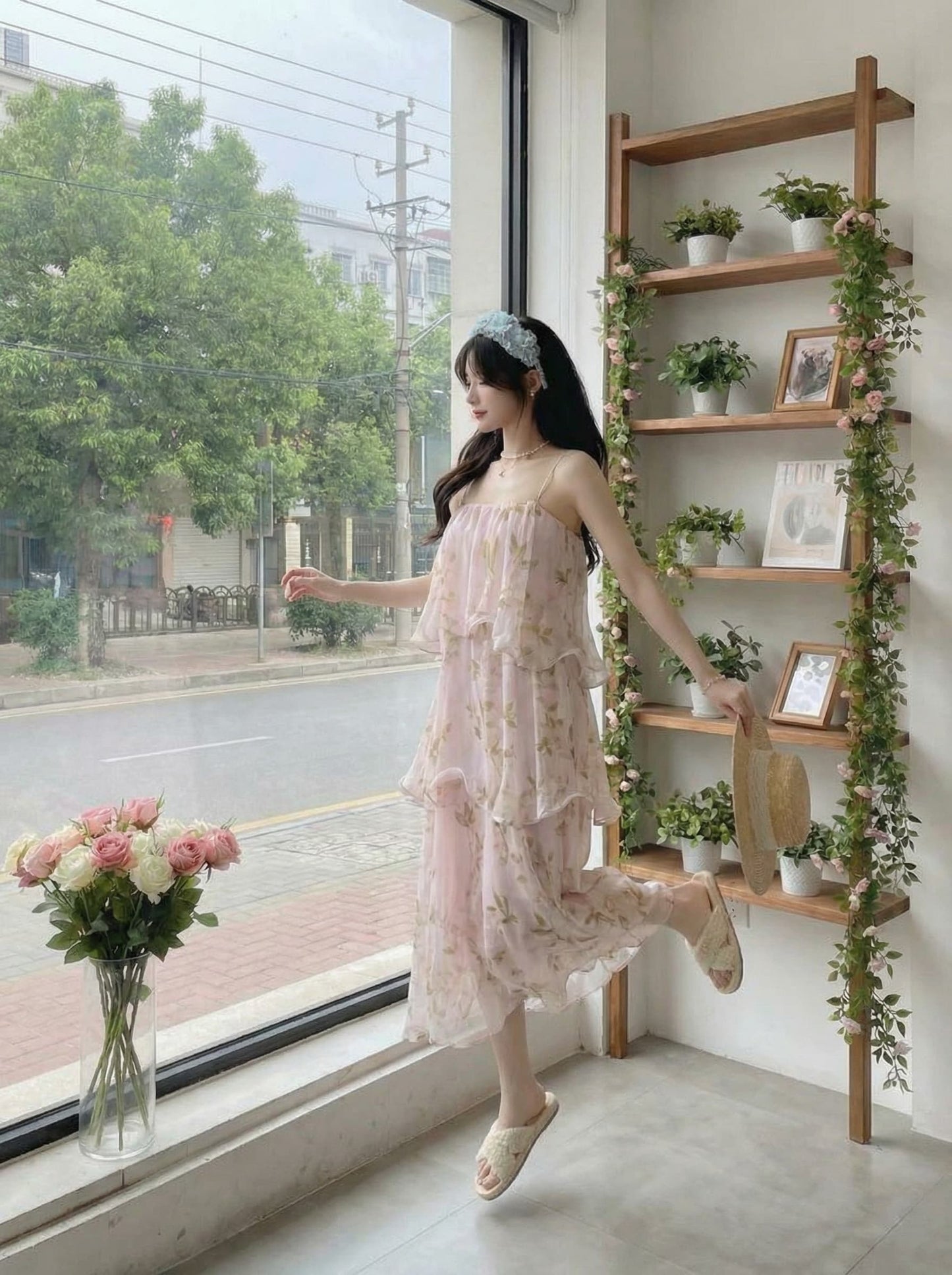 Pink Vintage Floral Spaghetti Strap Tiered Dress