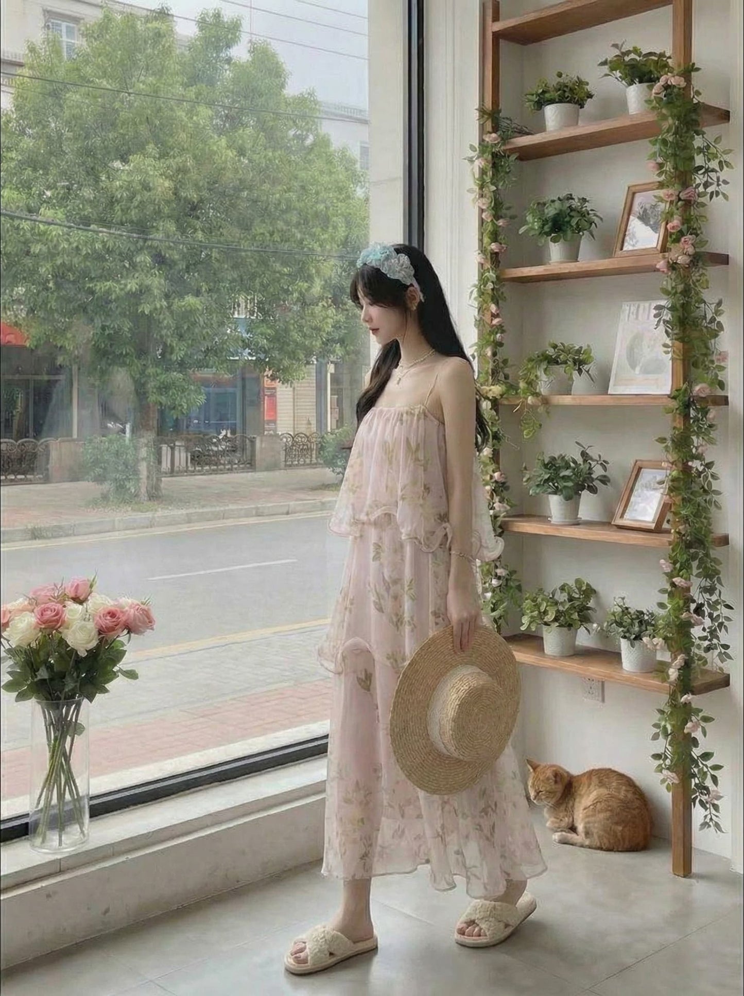 Pink Vintage Floral Spaghetti Strap Tiered Dress