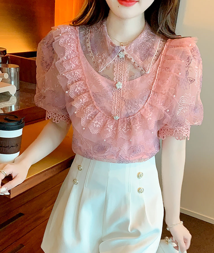 Tiered Ruffle Mesh Blouse with Scalloped Lace Trim