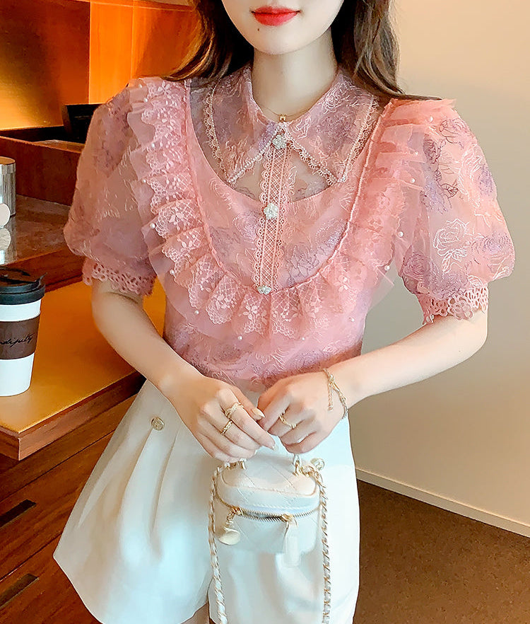 Tiered Ruffle Mesh Blouse with Scalloped Lace Trim