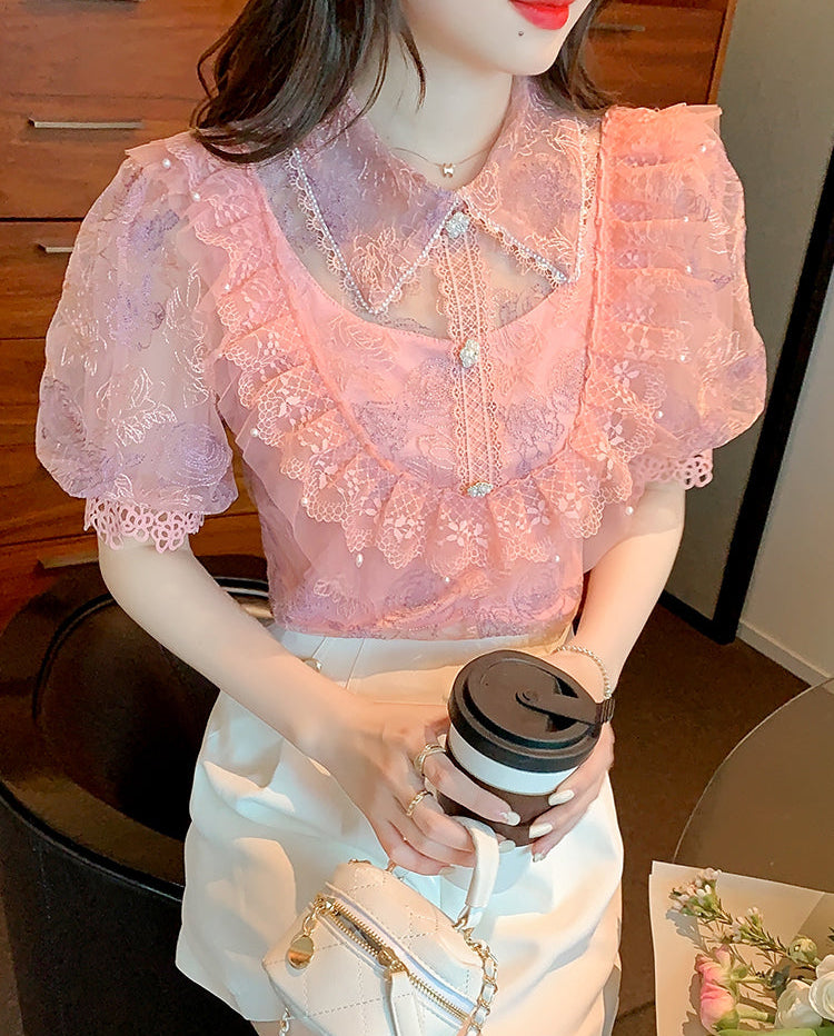 Tiered Ruffle Mesh Blouse with Scalloped Lace Trim