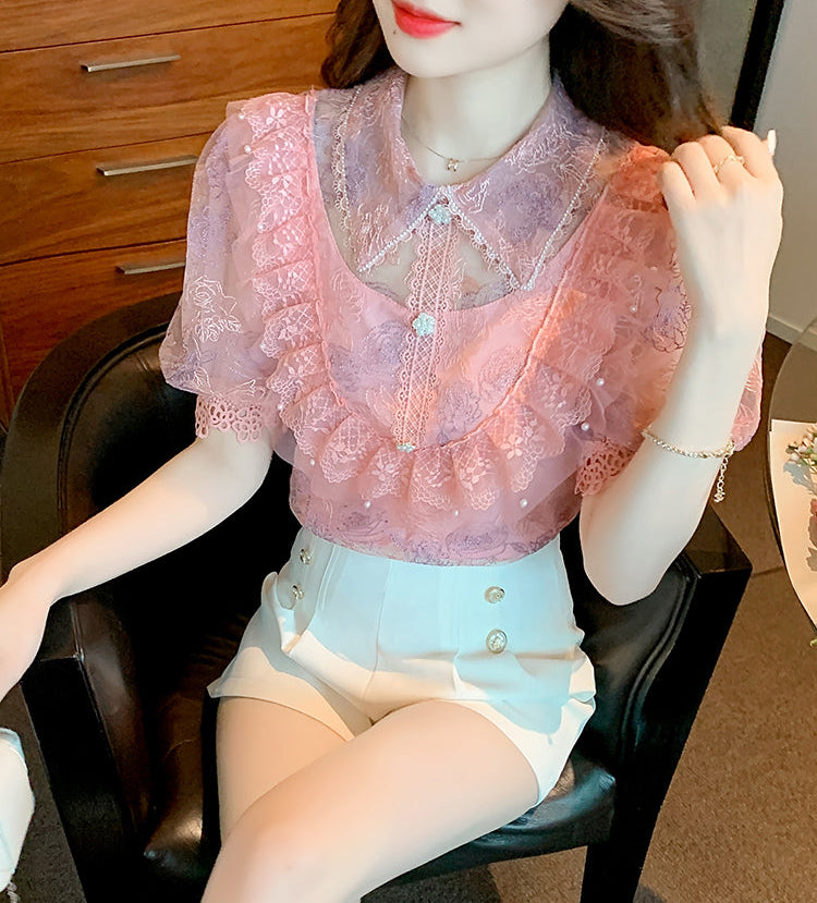 Tiered Ruffle Mesh Blouse with Scalloped Lace Trim