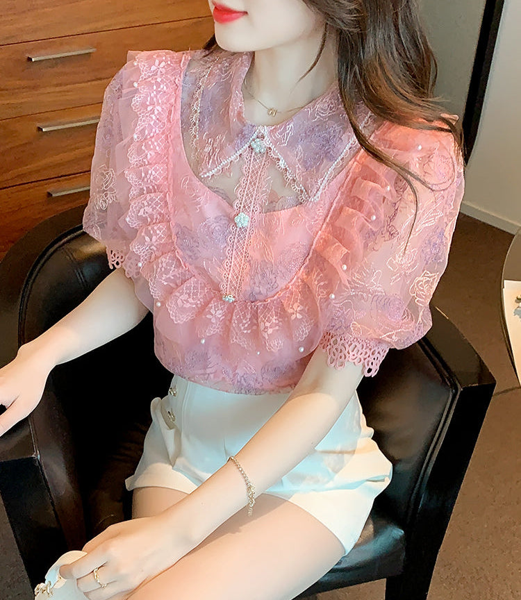 Tiered Ruffle Mesh Blouse with Scalloped Lace Trim