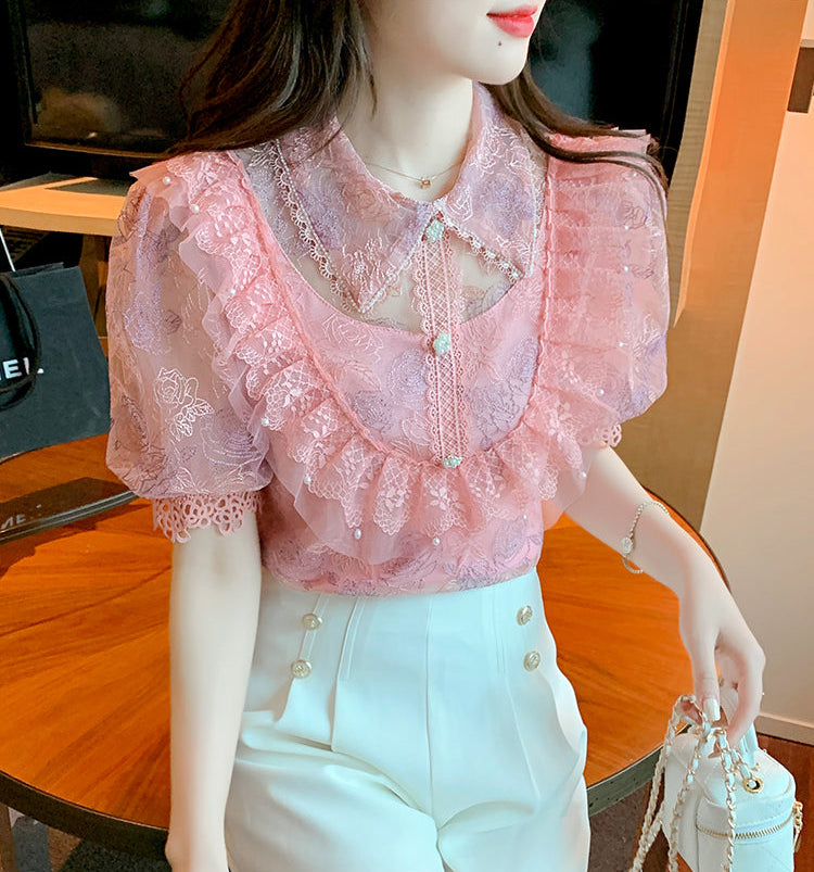 Tiered Ruffle Mesh Blouse with Scalloped Lace Trim