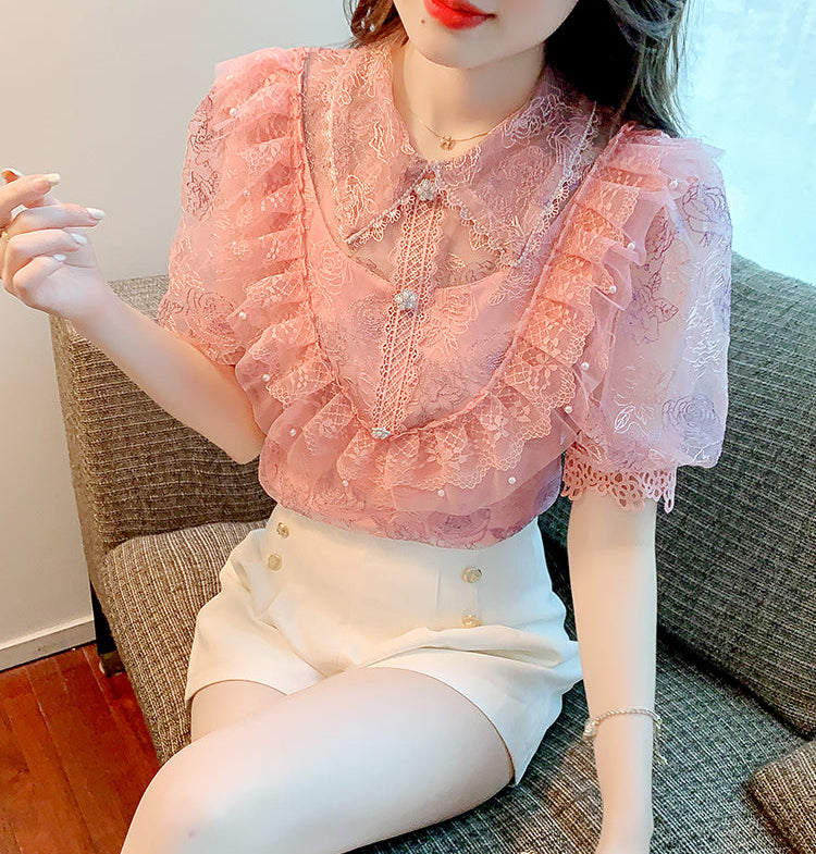 Tiered Ruffle Mesh Blouse with Scalloped Lace Trim