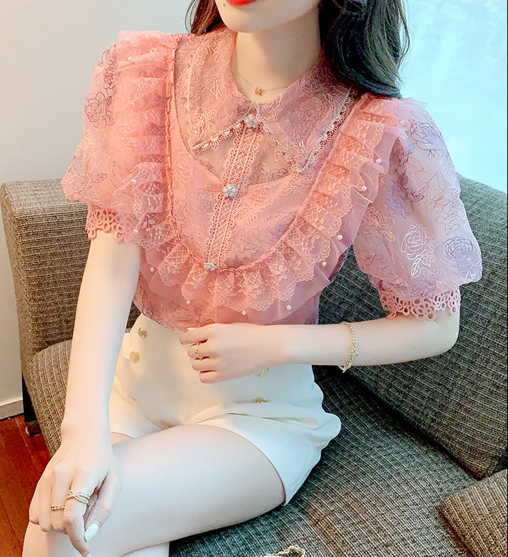 Tiered Ruffle Mesh Blouse with Scalloped Lace Trim