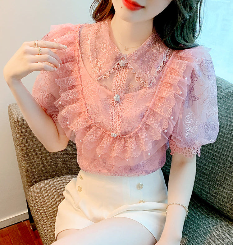 Tiered Ruffle Mesh Blouse with Scalloped Lace Trim