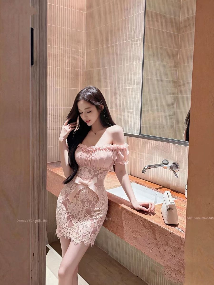 Pink Lace Waist Bow Off-Shoulder Mini Dress